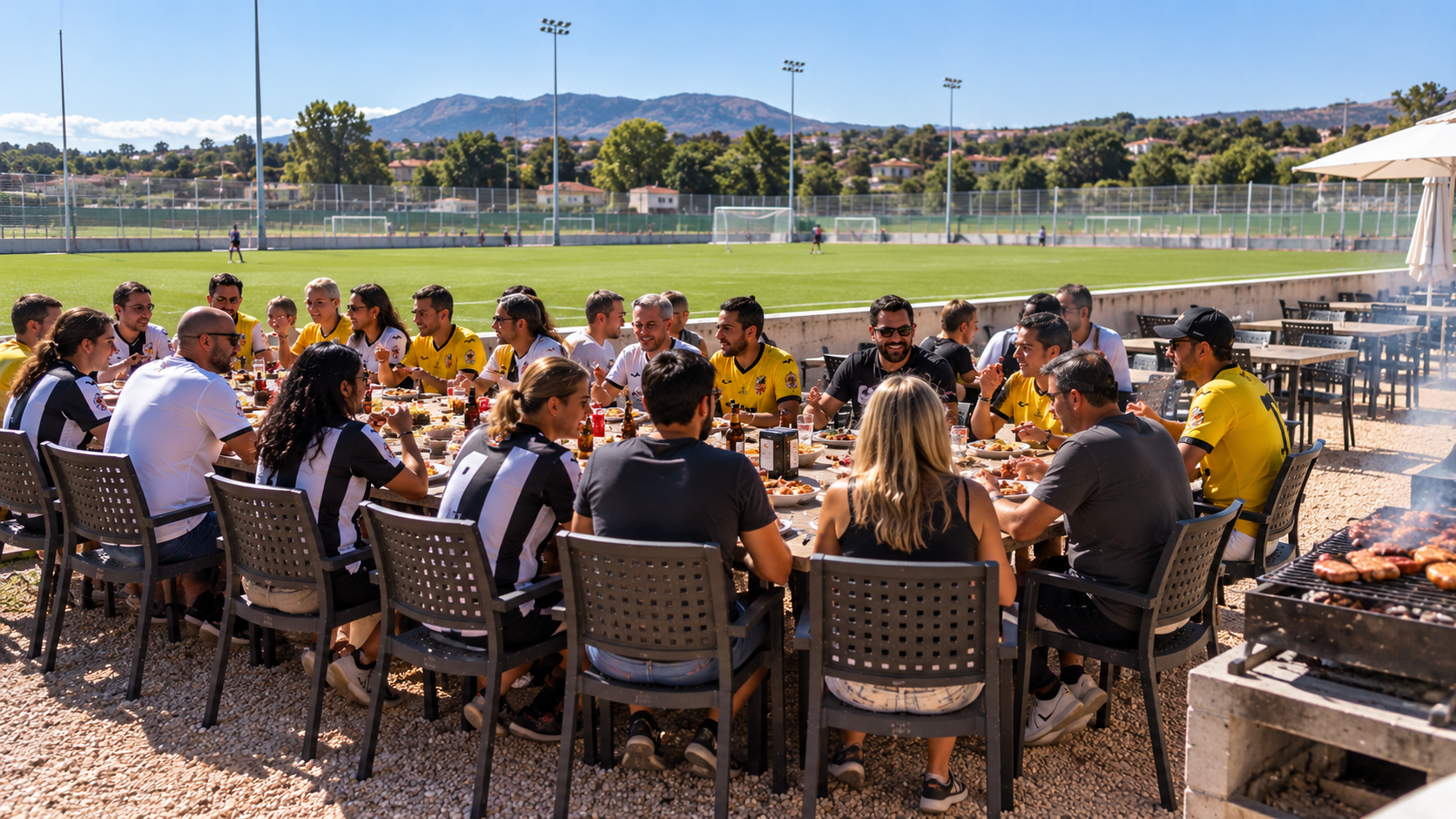 Amigos comparten una barbacoa junto al campo de fútbol