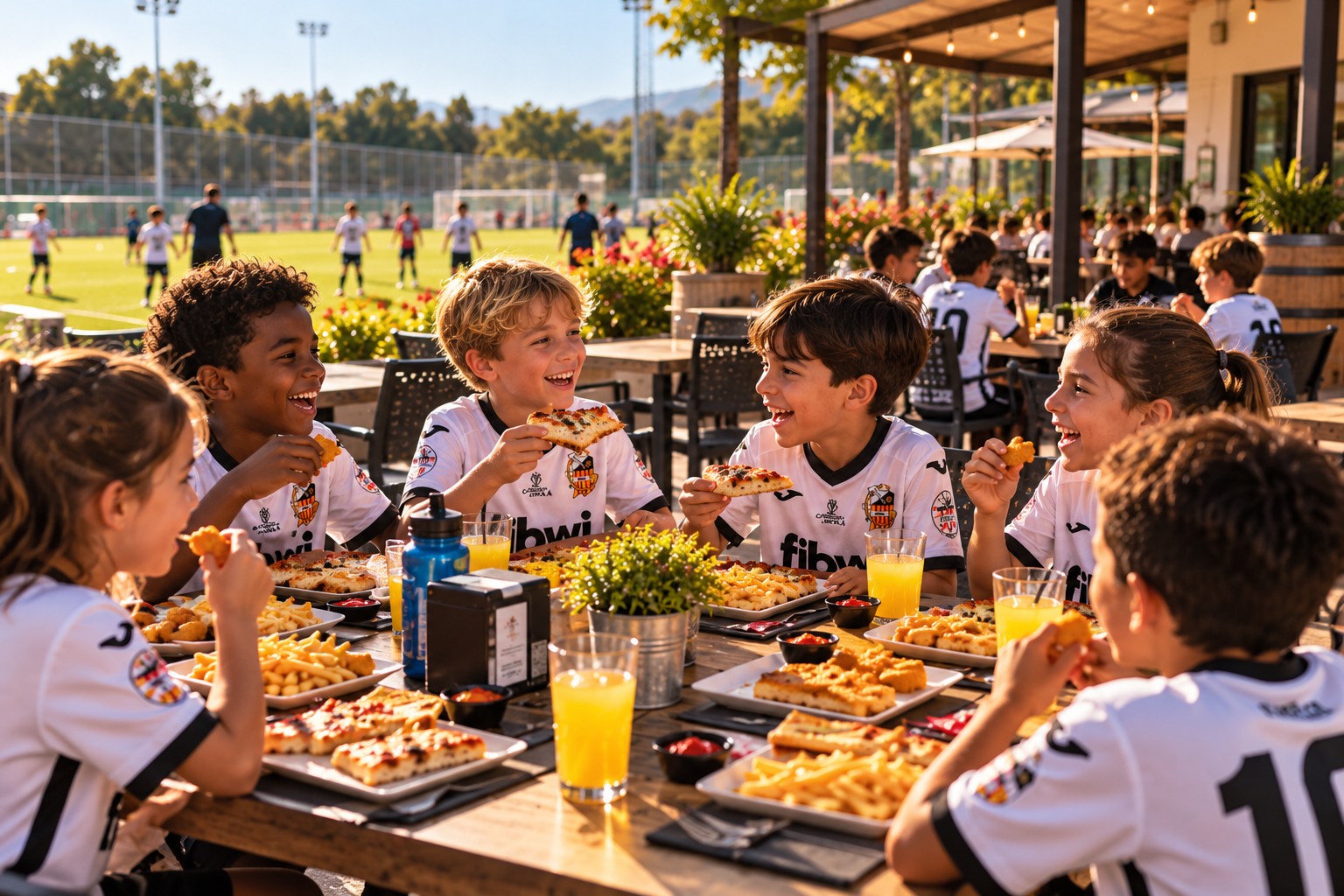 Niños con camisetas de fútbol comparten comida en una terraza junto al campo