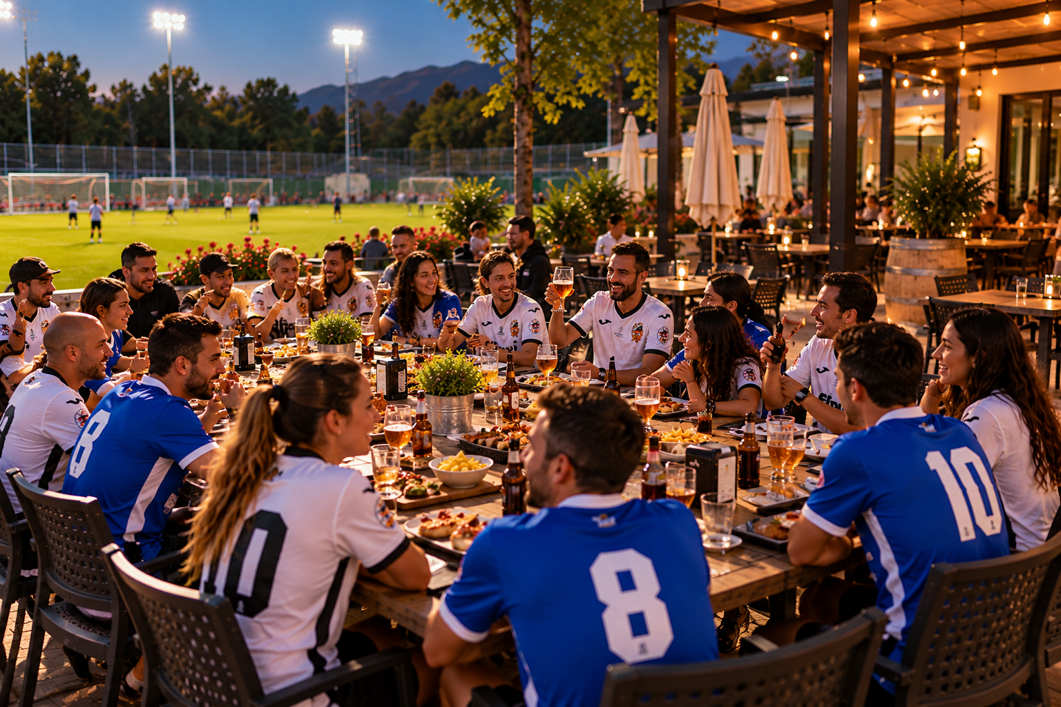 Equipo de fútbol comparte una merienda en una terraza al atardecer